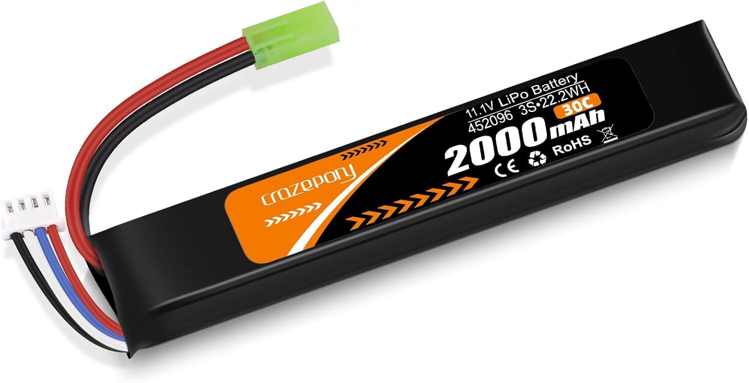 11.1V Airsoft Battery, 3S Rechargeable LiPo Battery 2000mAh 30C with Mini Tamiya Connector JST XH Connector for Model Airsoft Rifle