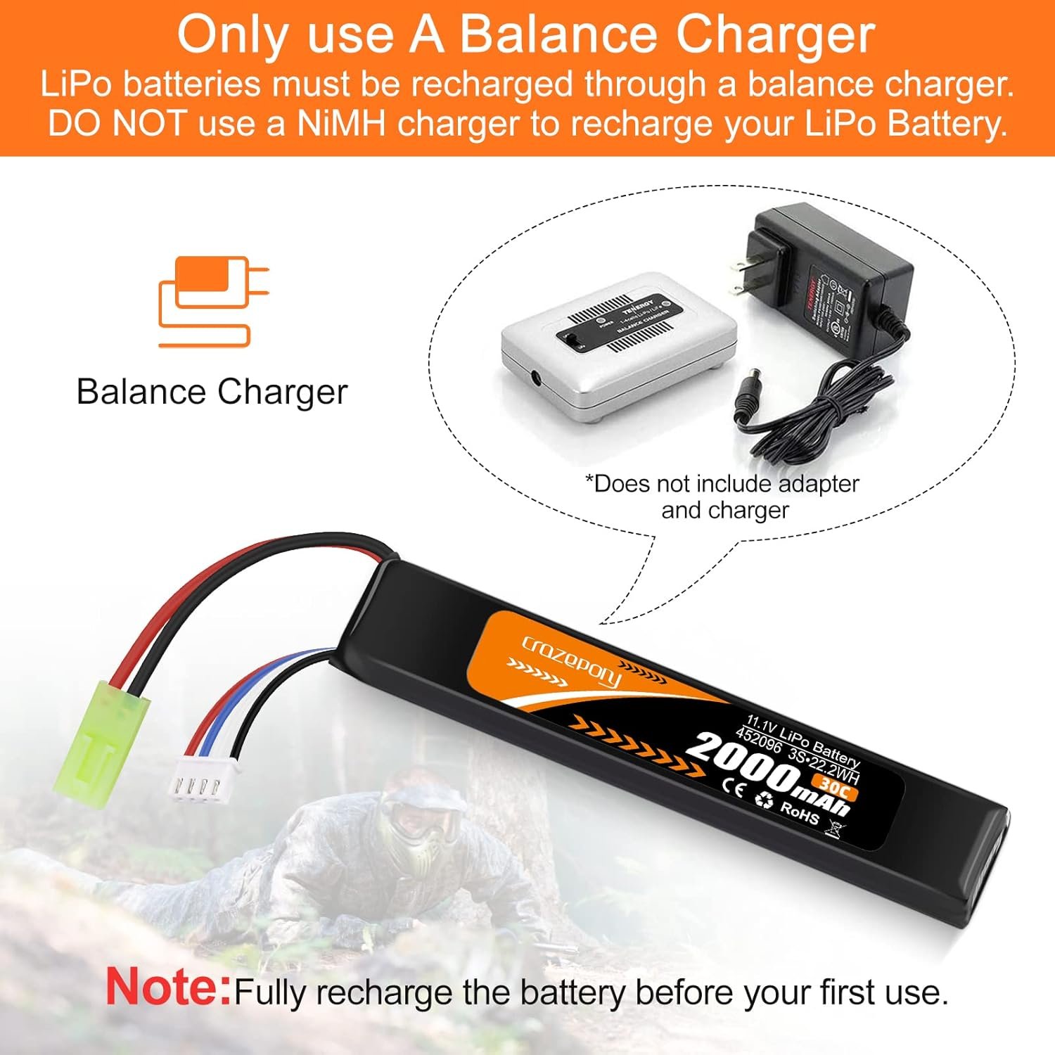 11.1V Airsoft Battery, 3S Rechargeable LiPo Battery 2000mAh 30C with Mini Tamiya Connector JST XH Connector for Model Airsoft Rifle