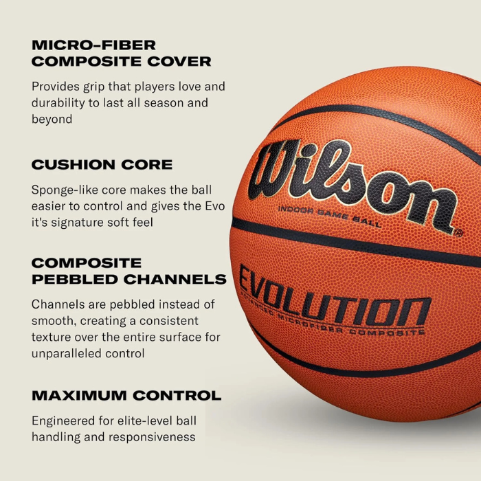 Wilson Evolution Indoor Basketball Official Game Ball Cushioned Grip High-Definition Pebbling NFHS and NCAA Approved