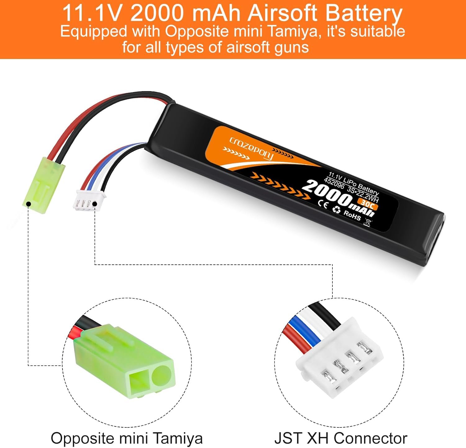 11.1V Airsoft Battery, 3S Rechargeable LiPo Battery 2000mAh 30C with Mini Tamiya Connector JST XH Connector for Model Airsoft Rifle