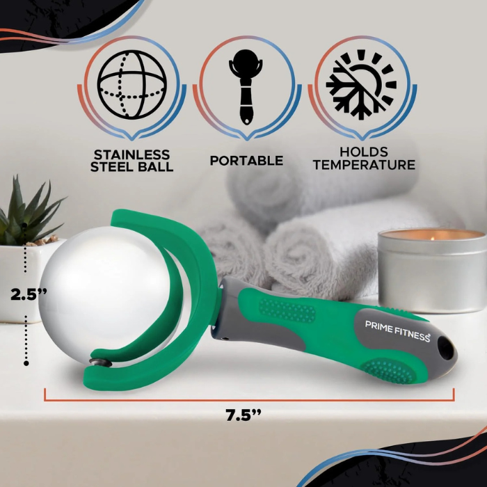 Green Cold Massage Roller Ball with Handle – Reusable Stainless Steel Cryotherapy Roller for Hot & Cold Tissue Relief, Deep Tissue Trigger-Point Therapy