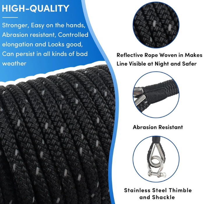 Anchor Rope 100 ft x 1/2 inch Black, Double Braided Anchor Line with Stainless Steel Thimble & Shackle, Boat Rope with Reflective Strip Ideal for Towing, Mooring, Anchoring, for Boats Up to 35'