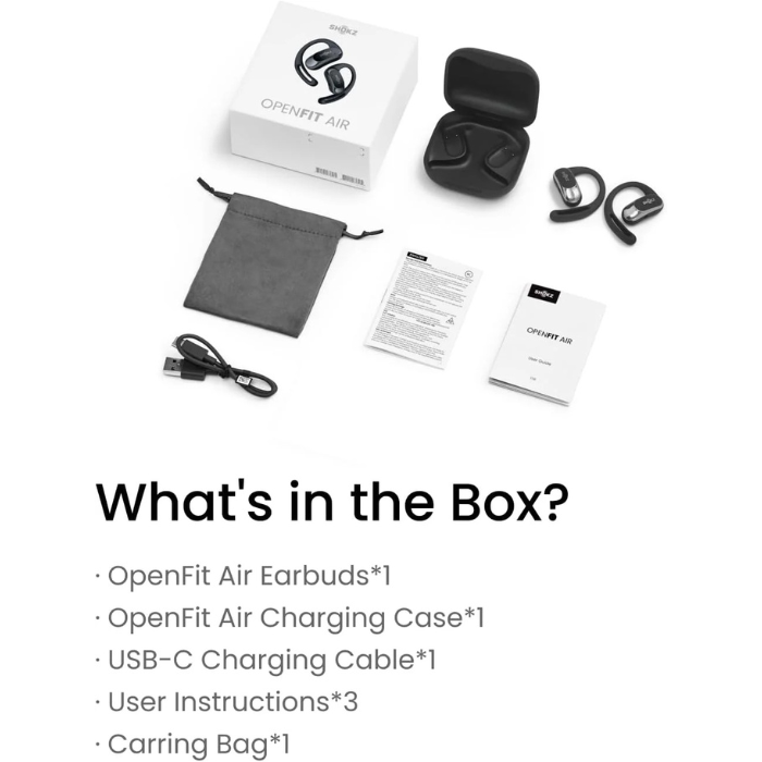 SHOKZ OpenFit Air - Open-Ear Headphones, True Wireless Earbuds, Water Resistant, Secure Earhooks for Daily Use, Black