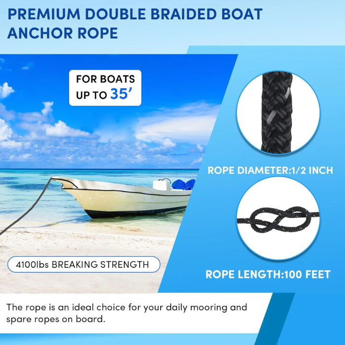 Anchor Rope 100 ft x 1/2 inch Black, Double Braided Anchor Line with Stainless Steel Thimble & Shackle, Boat Rope with Reflective Strip Ideal for Towing, Mooring, Anchoring, for Boats Up to 35'