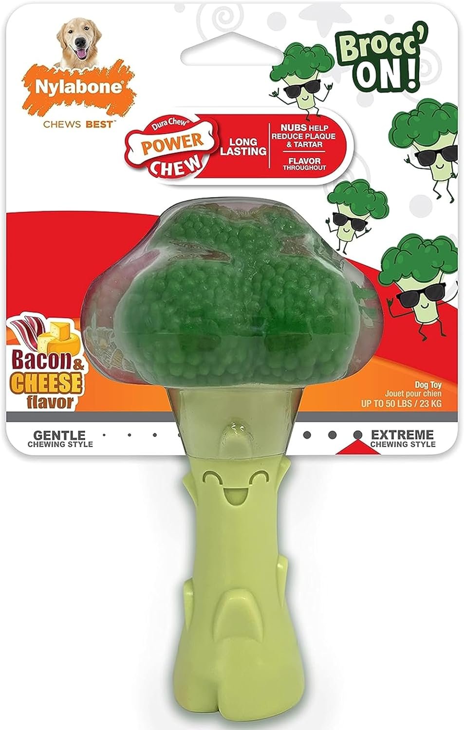 Nylabone Broccoli Power Chew Toy for Dogs, Dog Toys for Aggressive Chewers, Bacon & Cheese Flavor, Large Dogs - Up to 50 lbs