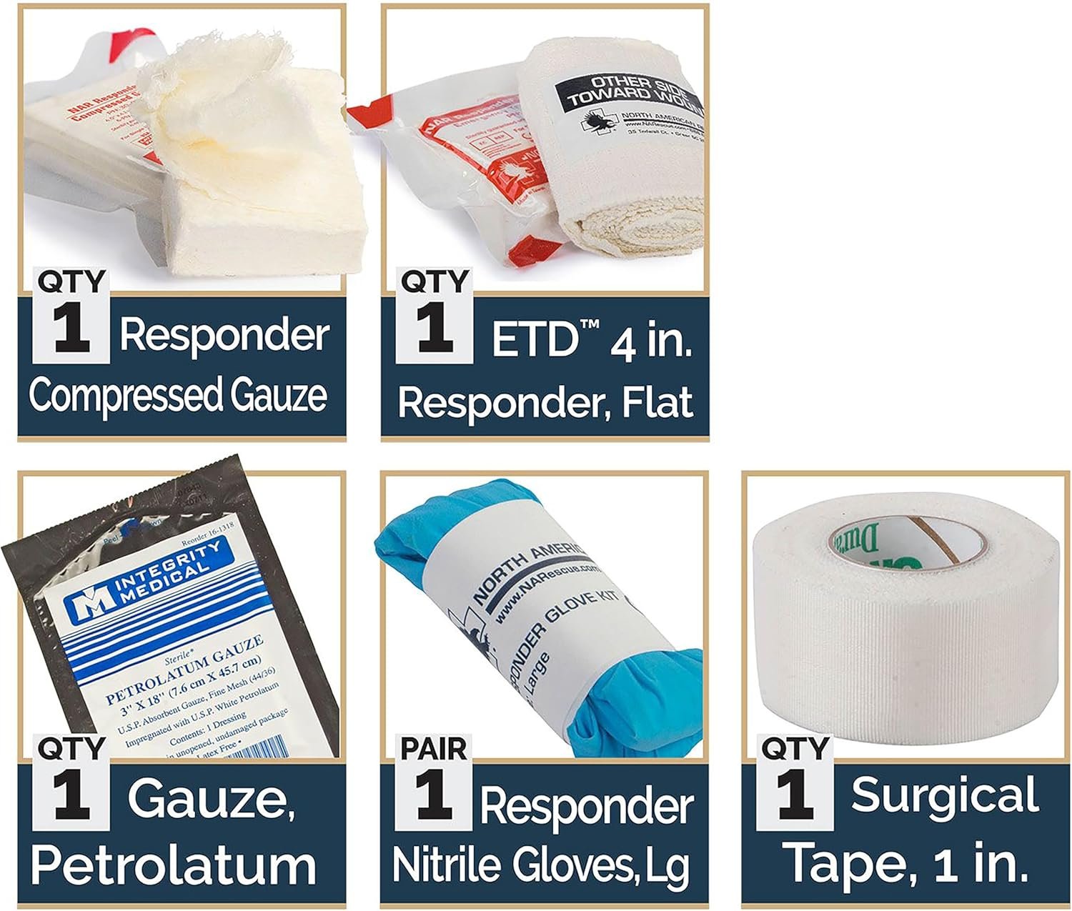 Description for North American Rescue Individual Aid Kit Compact First Aid with Compressed Gauze, Petrolatum Gauze, ETD, Gloves, Surgical Tape