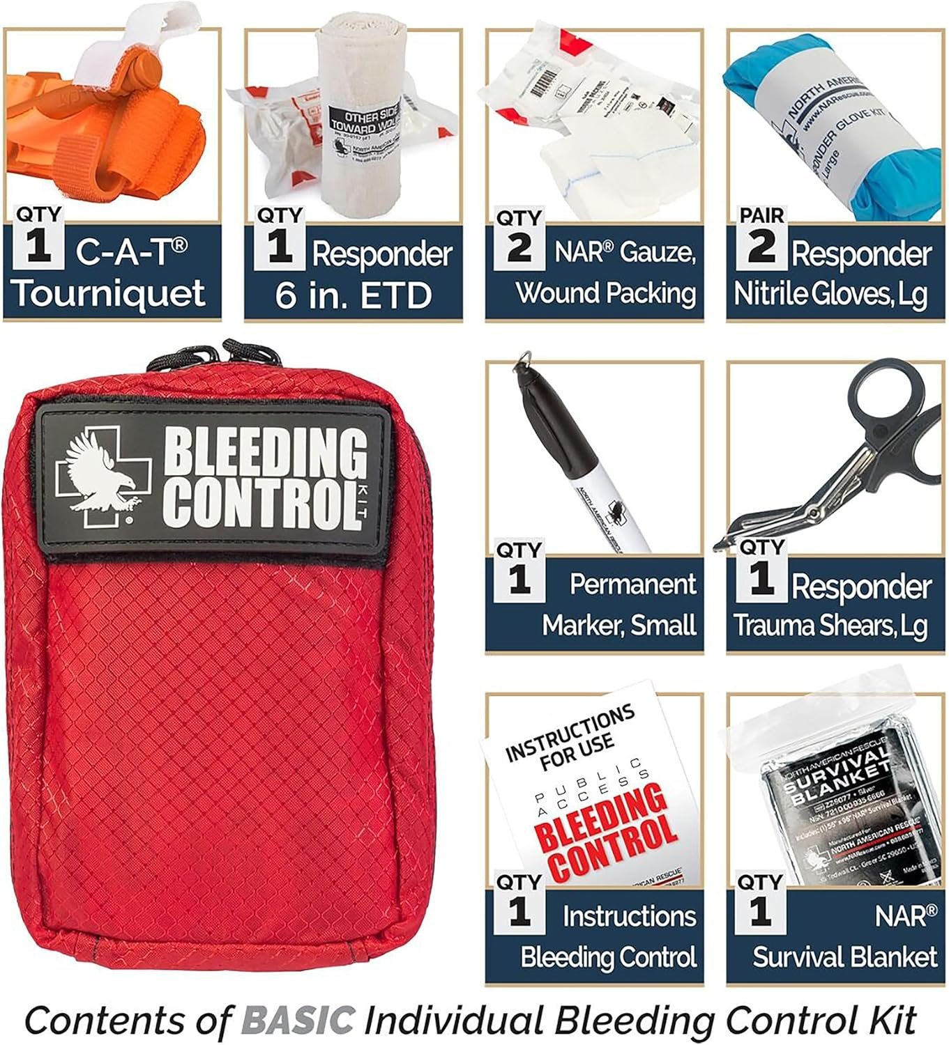 Description for North American Rescue Public Access Individual Bleeding Control Kit (Basic) Compact Blood Control Bag with C-A-T Tourniquet, ETD, Gauze, Survival Blanket