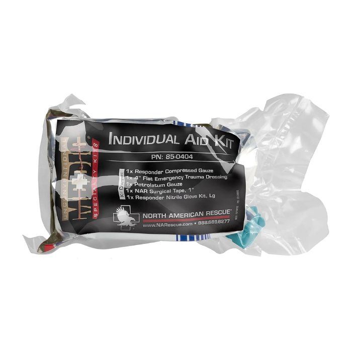 North American Rescue Individual Aid Kit Compact First Aid with Compressed Gauze, Petrolatum Gauze, ETD, Gloves, Surgical Tape