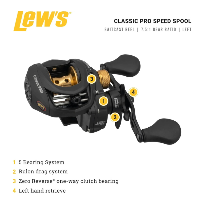 Lew’s Classic Speed Spool Baitcast Reel – Low-Profile Baitcaster with Lightweight Graphite Frame, Smooth Multi-Bearing System & Adjustable Braking – Right-Hand Retrieve Fishing Reel