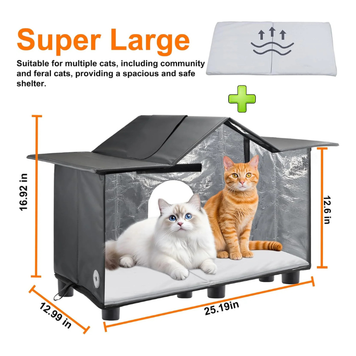 Texsens Outdoor Cat House - Weatherproof Large Cat Shelter for Outside with Roof Window- Insulated Elevated House for Stray/Barn Cats with Cozy Cushion - Ideal Waterproof Feral Cat House