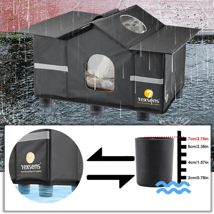 Texsens Outdoor Cat House - Weatherproof Large Cat Shelter for Outside with Roof Window- Insulated Elevated House for Stray/Barn Cats with Cozy Cushion - Ideal Waterproof Feral Cat House