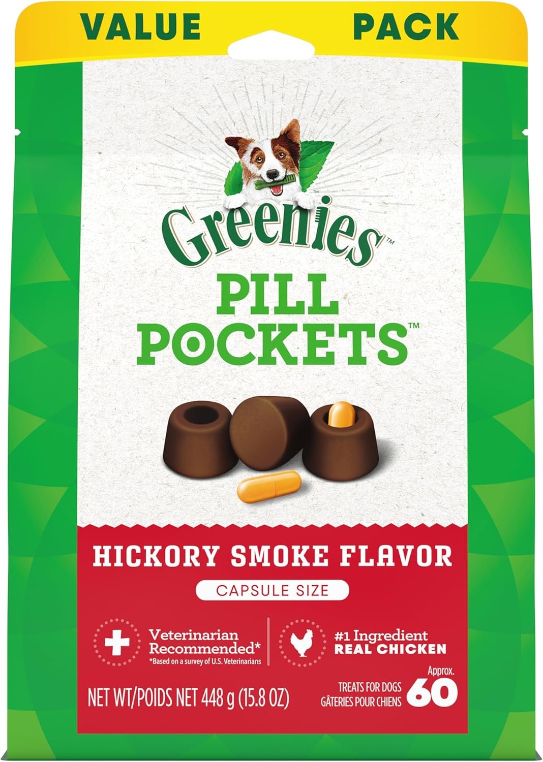 Greenies Pill Pockets for Dogs Large Size, Soft Dog Treats, Hickory Smoke Flavor, 15.8 oz. Pouch (60 Treats)