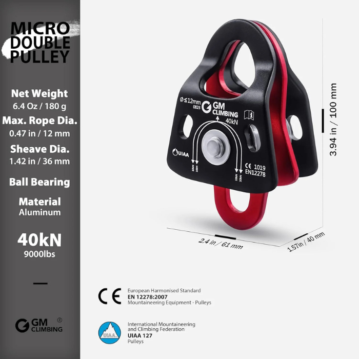 GM CLIMBING 5:1 Mechanical Advantage Hardware Kit – 40 kN Micro Double Pulley System with Carabiners, Prusik Loop & Nylon Sling for Rigging & Rescue
