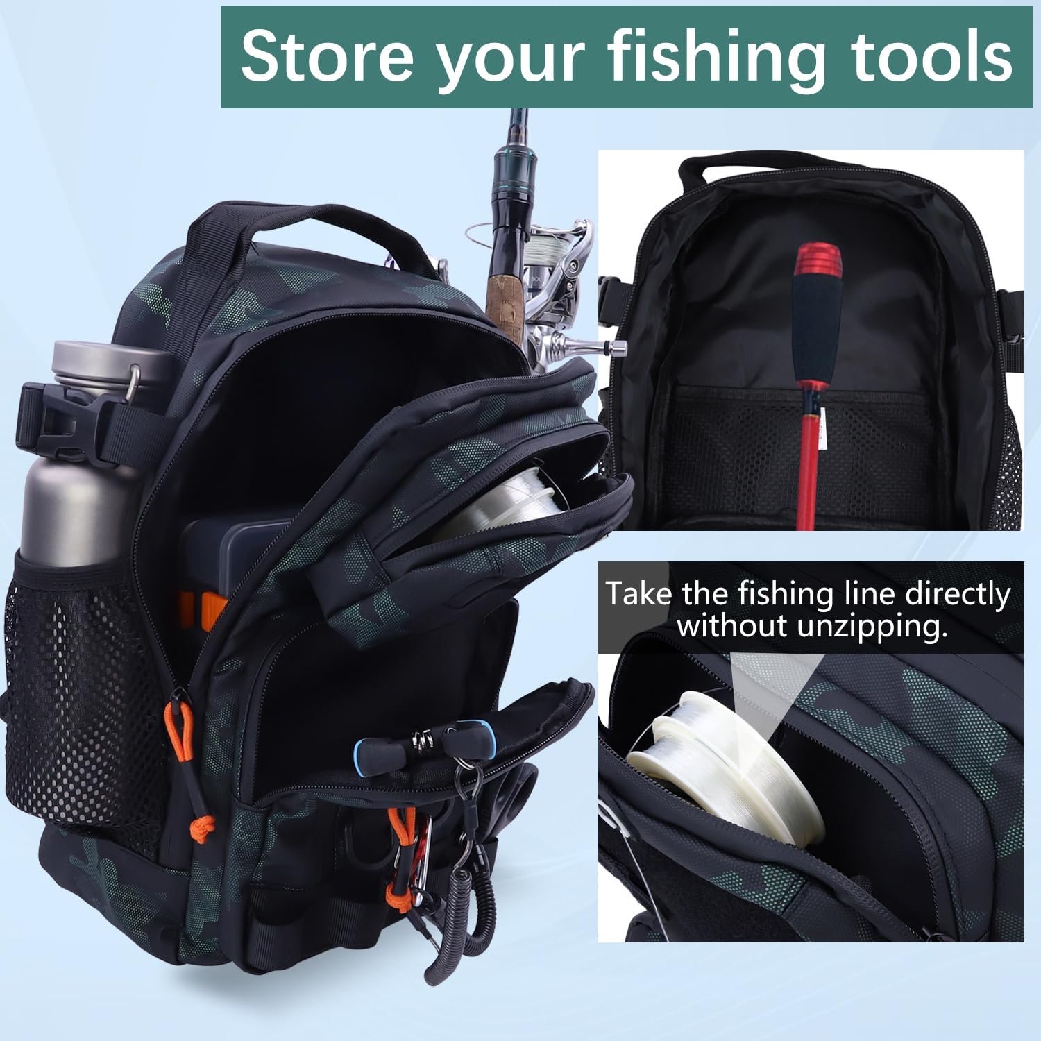 Fishing Backpack Tackle Storage Bag with 2 Tackle Boxes, Lightweight Outdoor Water-Resistant Fish Shoulder Bag with Rod Holder-Store Fish Gear for Fishing