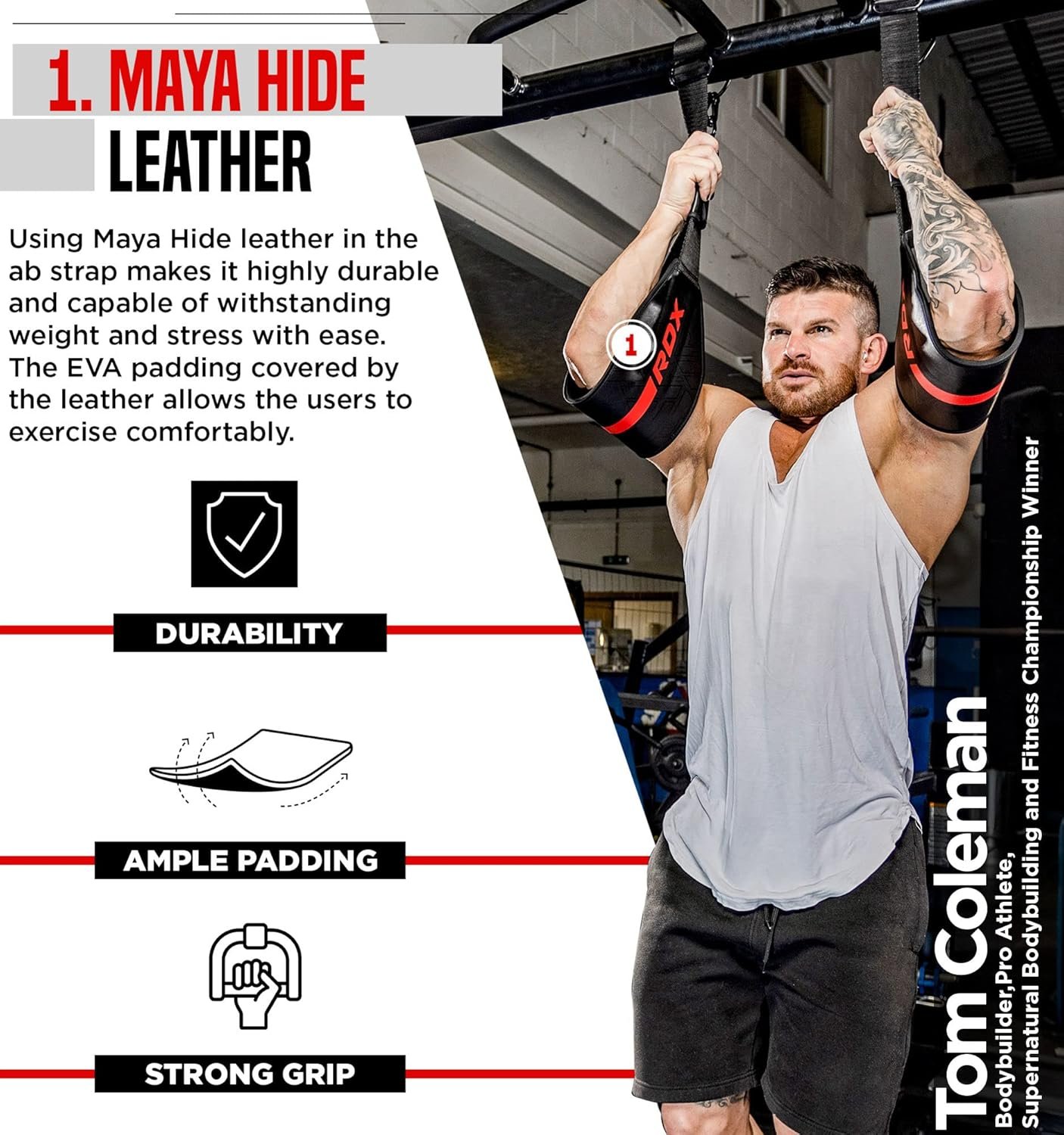 AB Straps for Pull Up Bar Hanging (Pair), Maya Hide Leather, Abdominal Muscle Building Padded Arm Support Slings with D-Ring Strap, Leg Raise Exercise Fitness Workout Strength Training, Men Women