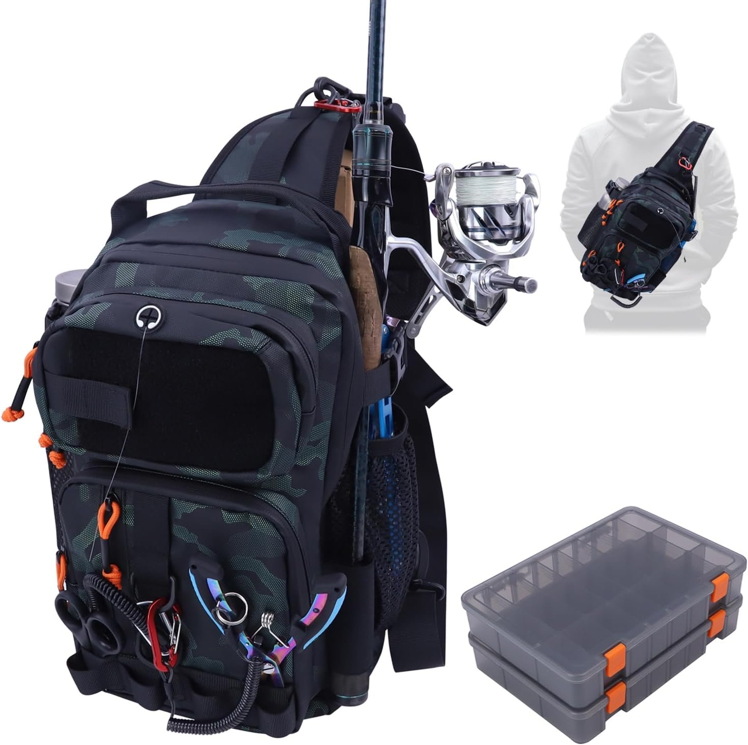 Fishing Backpack Tackle Storage Bag with 2 Tackle Boxes, Lightweight Outdoor Water-Resistant Fish Shoulder Bag with Rod Holder-Store Fish Gear for Fishing
